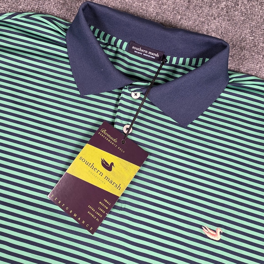 Southern Marsh Bermuda Performance Polo Mens Large Green Striped Shirt NWT